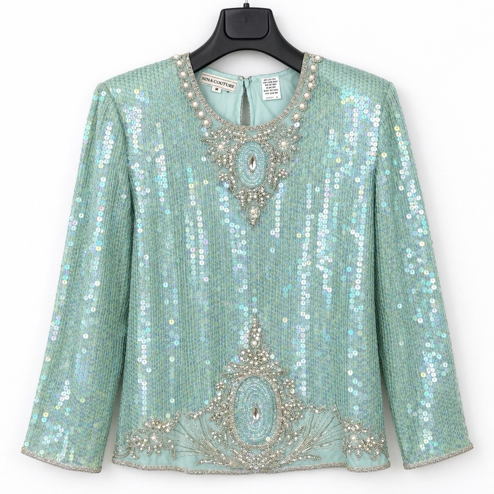 VTG Nina Couture Silk Top Sz M Sequin Bead Embellished Lined Blue Mermaid Fairy